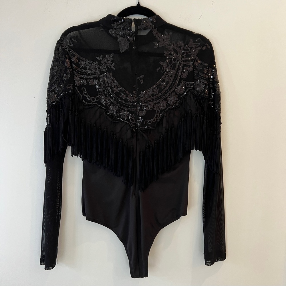 Banjul Black Mesh, Sequin, and Fringe Bodysuit